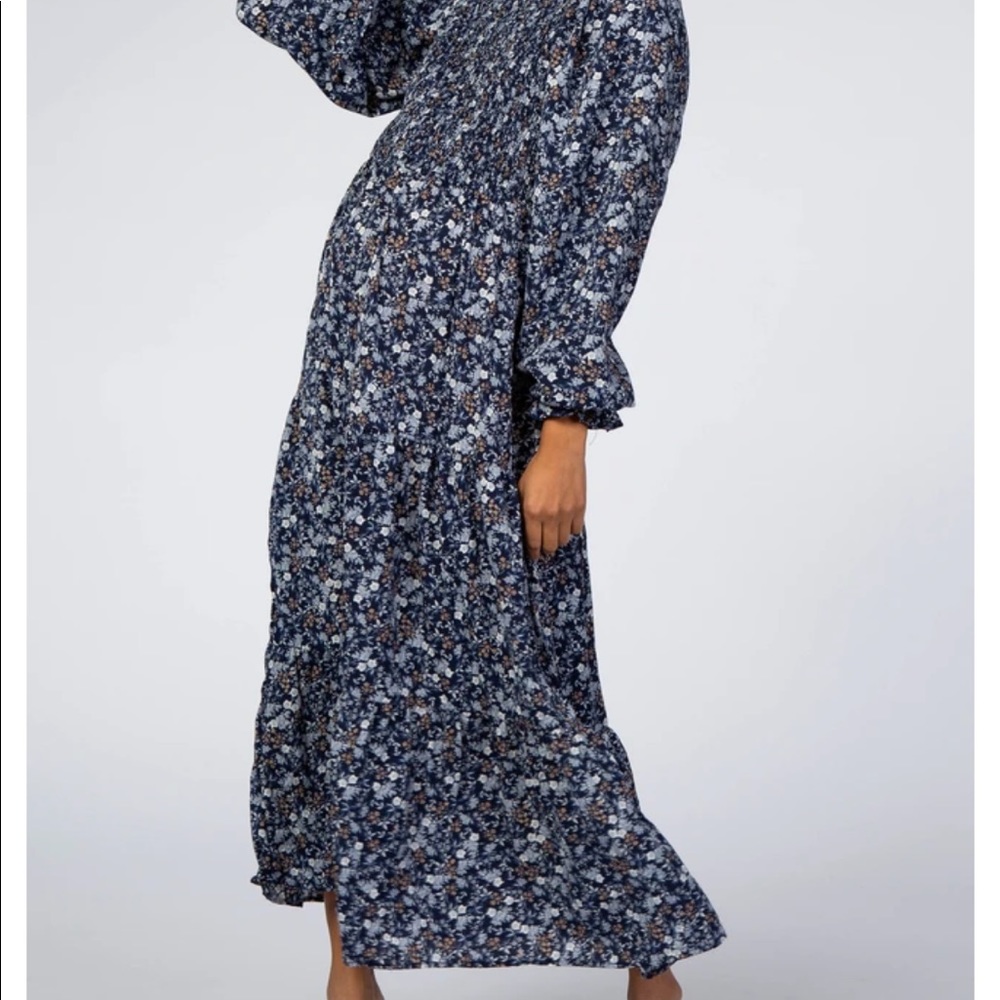 Navy Blue Floral Square Neck Smocked Maternity Maxi Dress